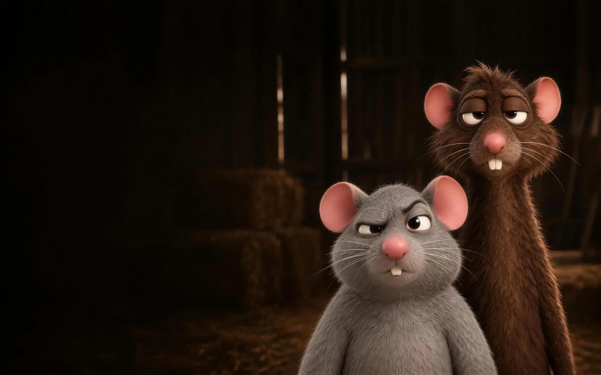 Illustratie van een muis en een rat in een donkere schuur, het soort ongedierte dat wij bestrijden